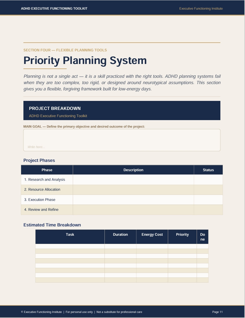 ADHD Executive Functioning Toolkit for Adults & Teens | Printable PDF Workbook, Focus & Organization Planner