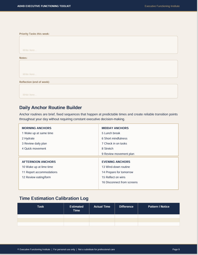 ADHD Executive Functioning Toolkit for Adults & Teens | Printable PDF Workbook, Focus & Organization Planner